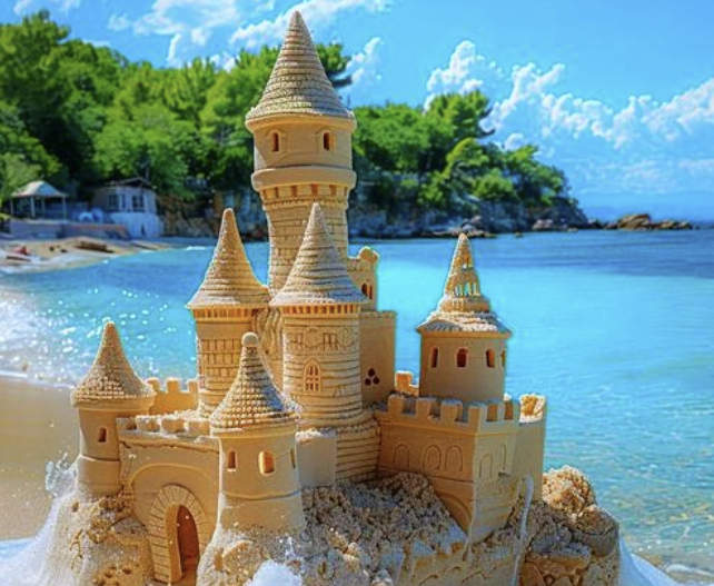 Sandburg mit mehreren Türmen an einer sonnigen Küste vor türkisblauem Meer